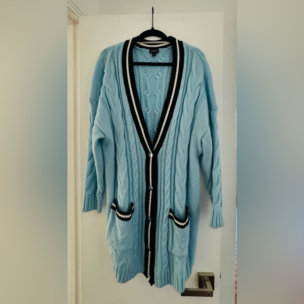 Torrid Light Blue Cable Knit Cardigan with Navy Trim